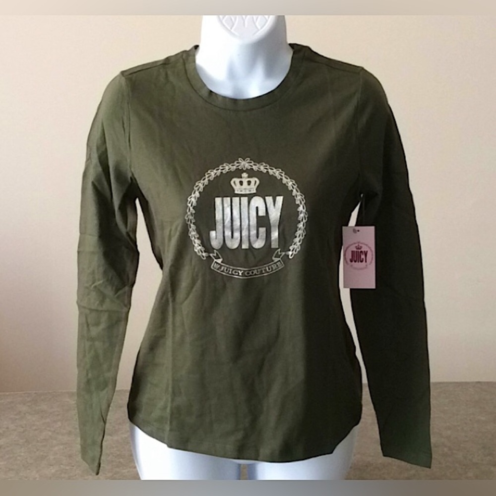 🆕🔥JUICY COUTURE GORGEOUS OLIVE GREEN&SILVER JC EMBLEM LONGSLEEVE SHIRT NWT!!